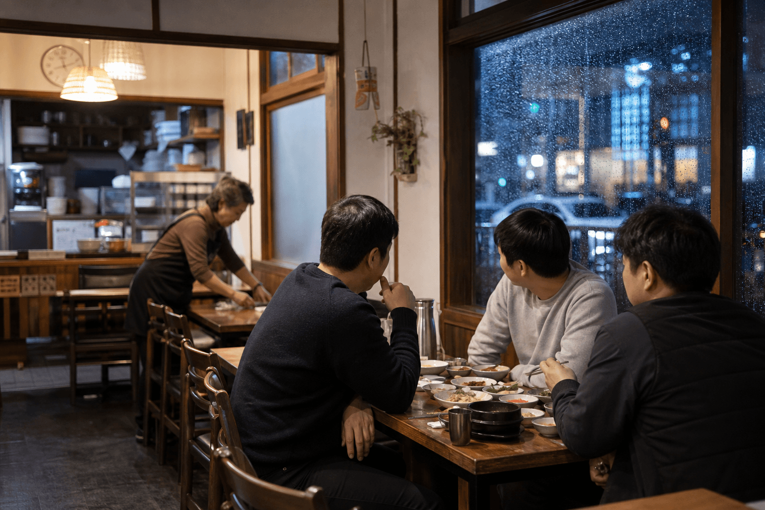비 오는 저녁 동네 식당에서 음식을 나누는 사람들